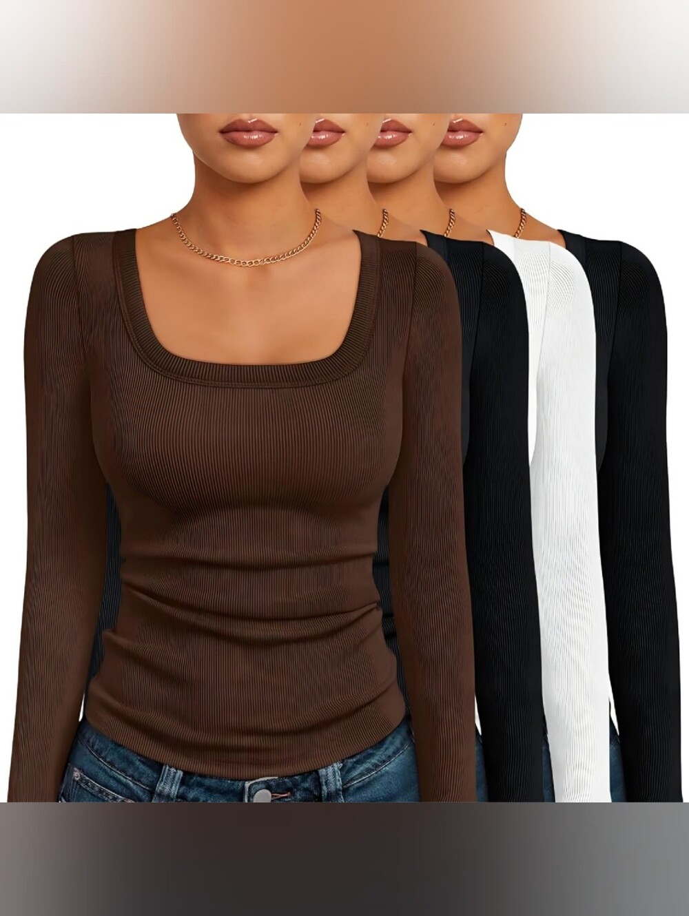 4 Pack Women's Square Neck Long Sleeve Shirts - Ribbed Slim Fit - NEW - XL
